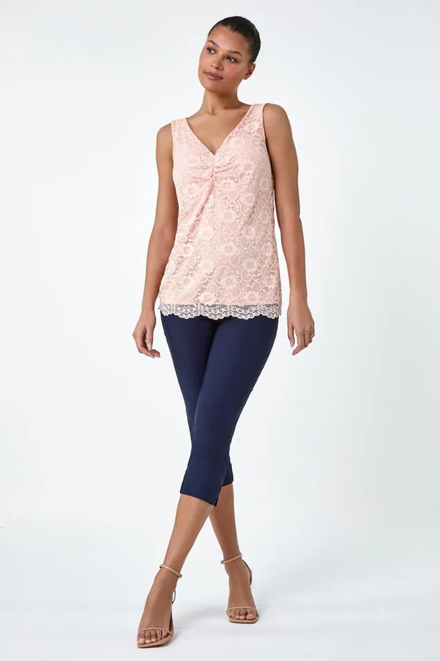 Light Pink Lace Twist Front Stretch Top Women Roman Tops