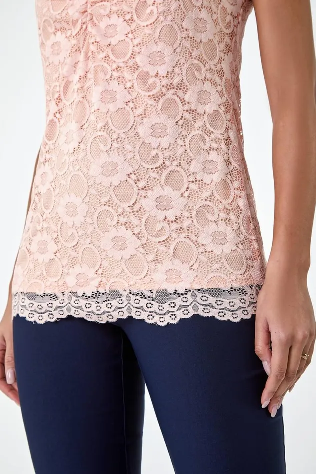 Light Pink Lace Twist Front Stretch Top Women Roman Tops
