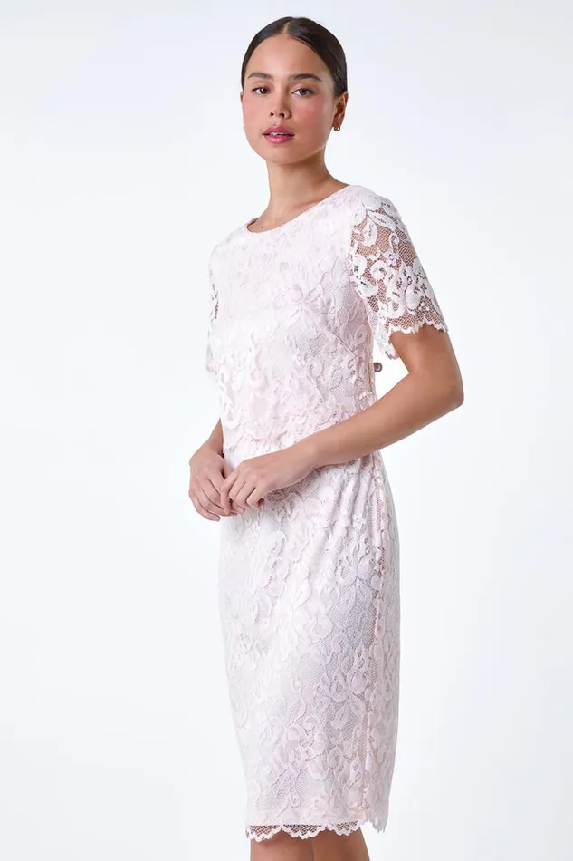 Light Pink Petite Lace Overlay Stretch Dress Women Roman Dresses