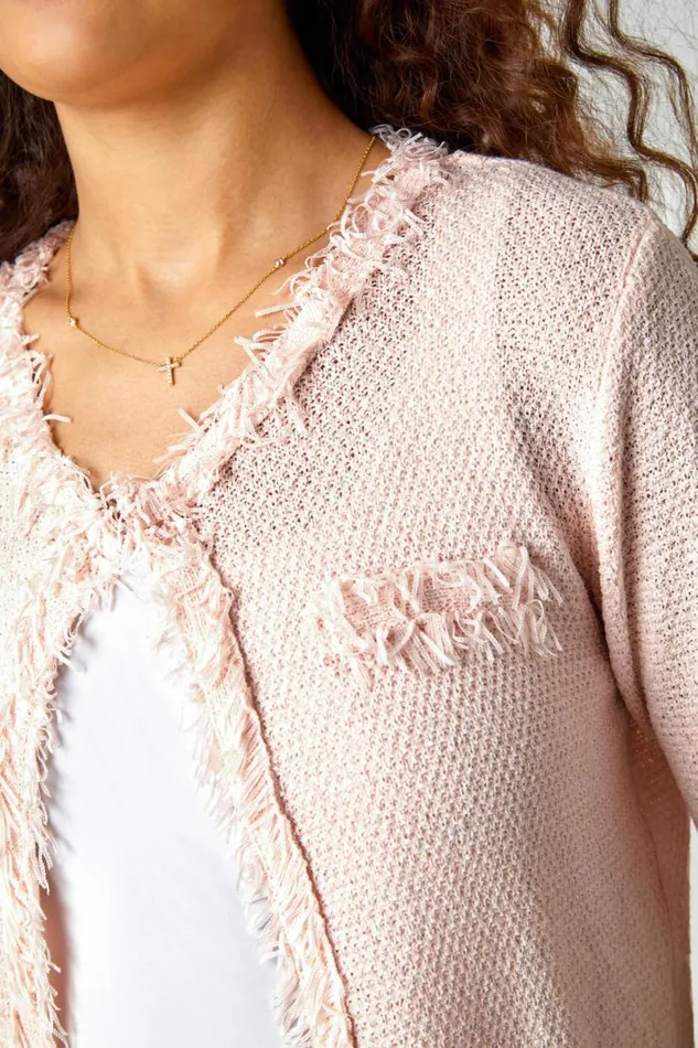 Light Pink Textured Boucle Cardigan Women Roman Knitwear