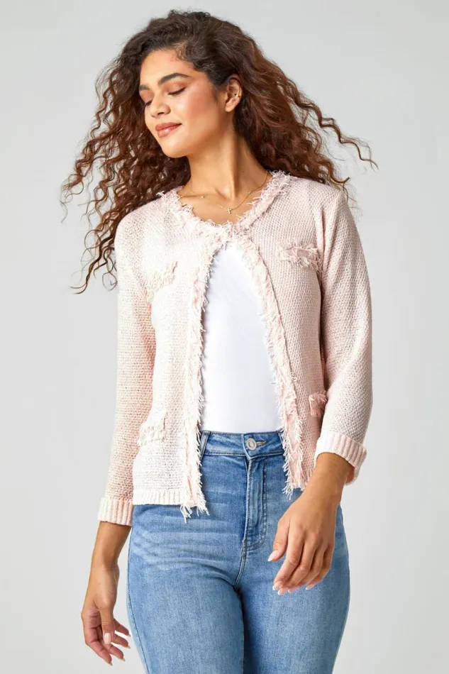 Light Pink Textured Boucle Cardigan Women Roman Knitwear