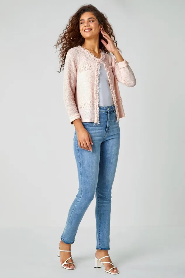 Light Pink Textured Boucle Cardigan Women Roman Knitwear