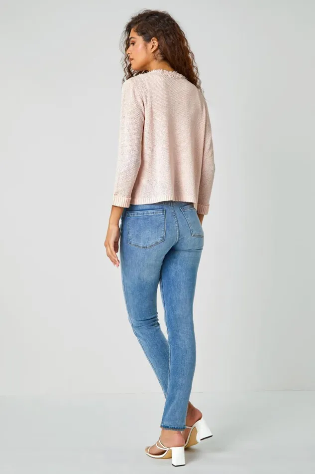 Light Pink Textured Boucle Cardigan Women Roman Knitwear