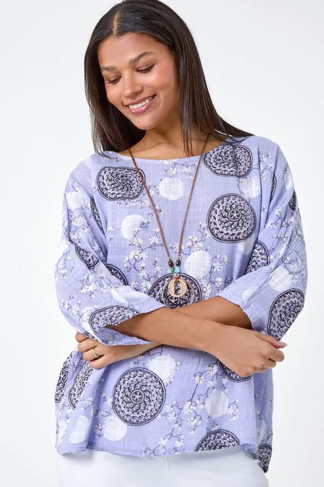 Lilac Floral Embroidered Cotton Top And Necklace Women Roman Tops