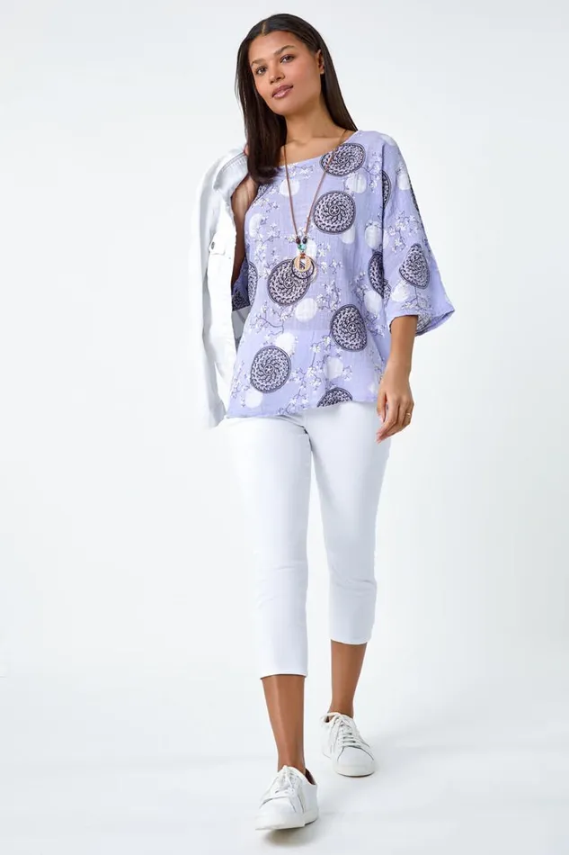 Lilac Floral Embroidered Cotton Top And Necklace Women Roman Tops