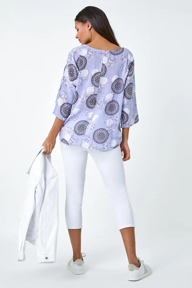 Lilac Floral Embroidered Cotton Top And Necklace Women Roman Tops