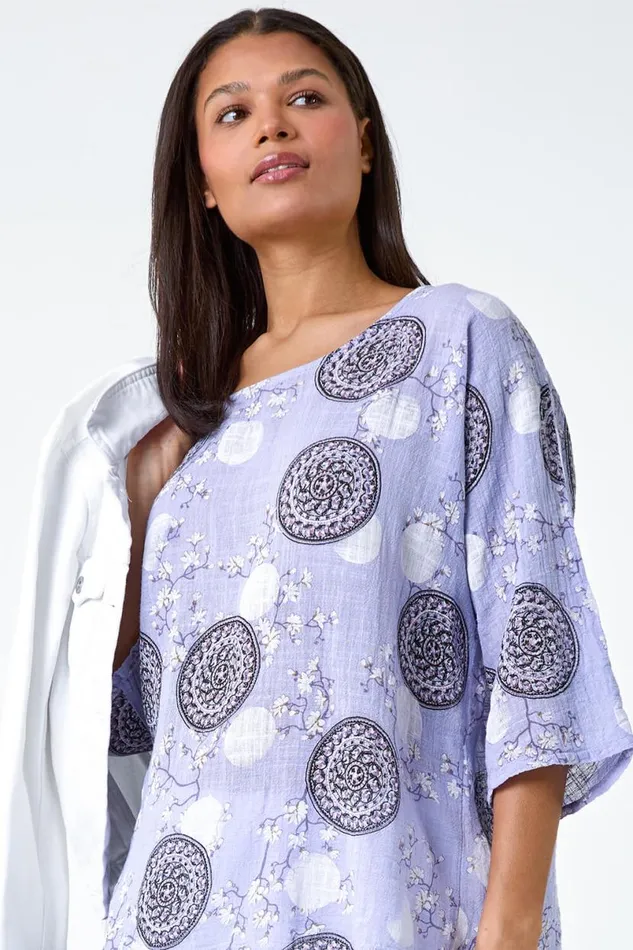 Lilac Floral Embroidered Cotton Top And Necklace Women Roman Tops