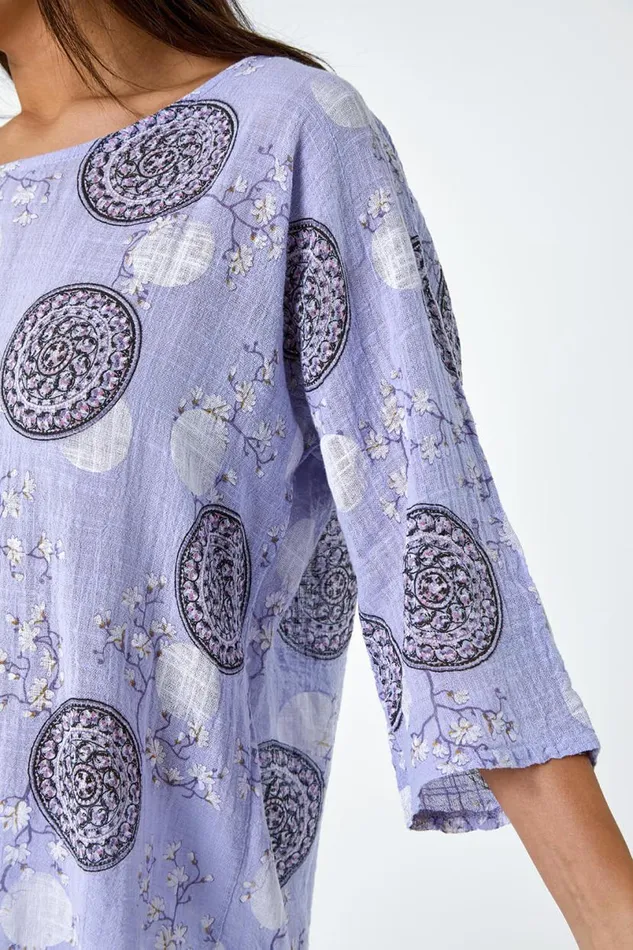 Lilac Floral Embroidered Cotton Top And Necklace Women Roman Tops