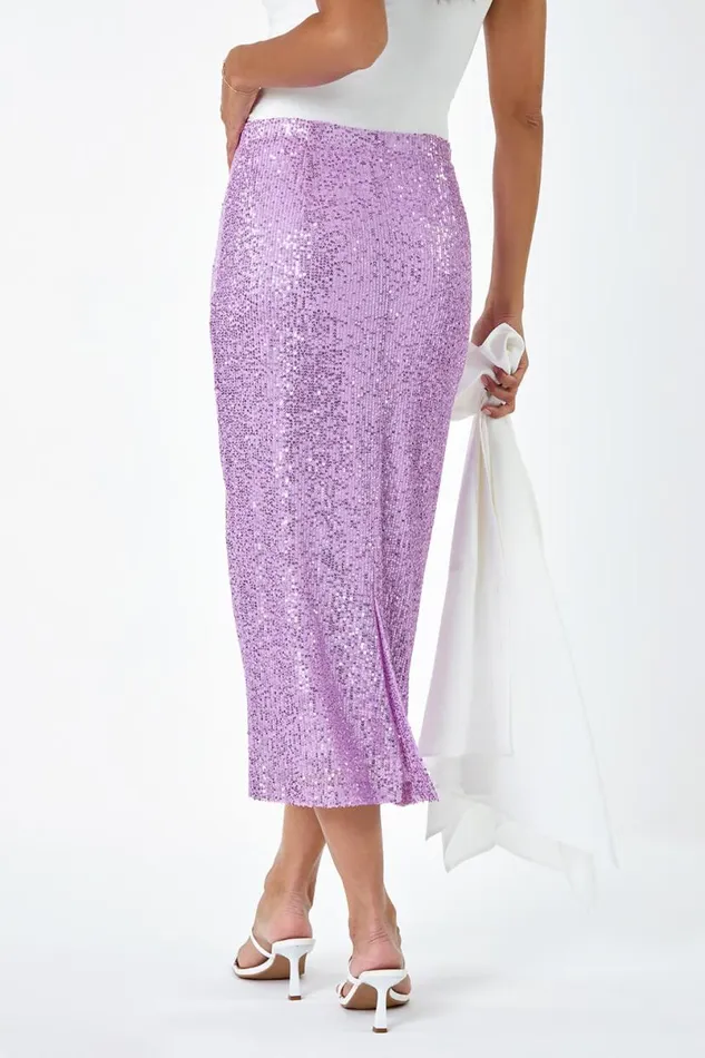 Lilac Sequin Sparkle Stretch Midi Skirt Women Roman Occasionwear