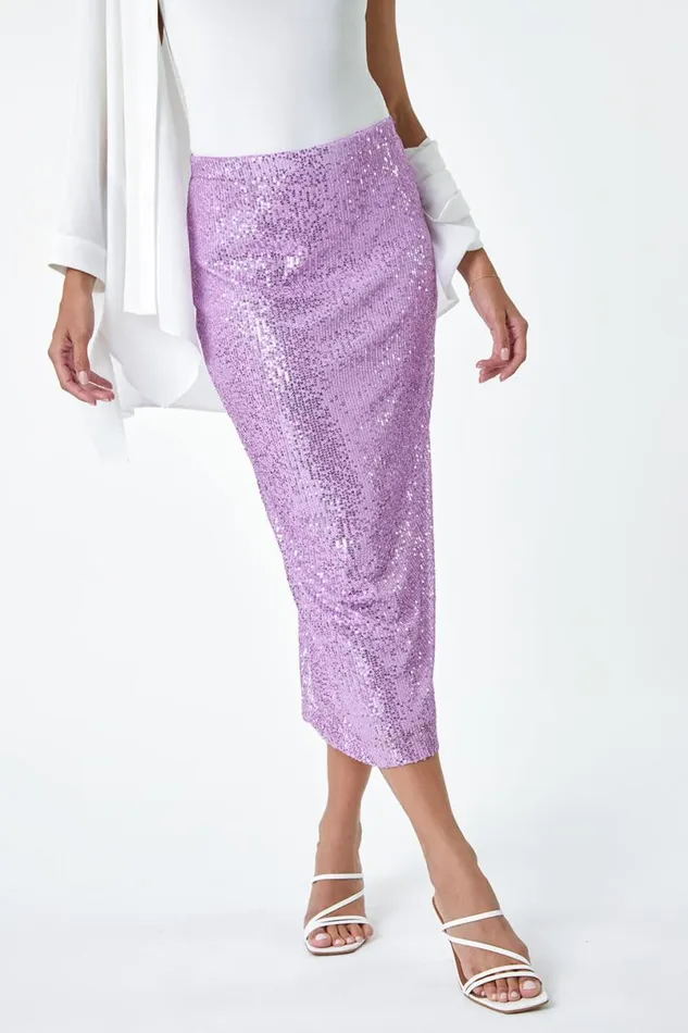 Lilac Sequin Sparkle Stretch Midi Skirt Women Roman Occasionwear
