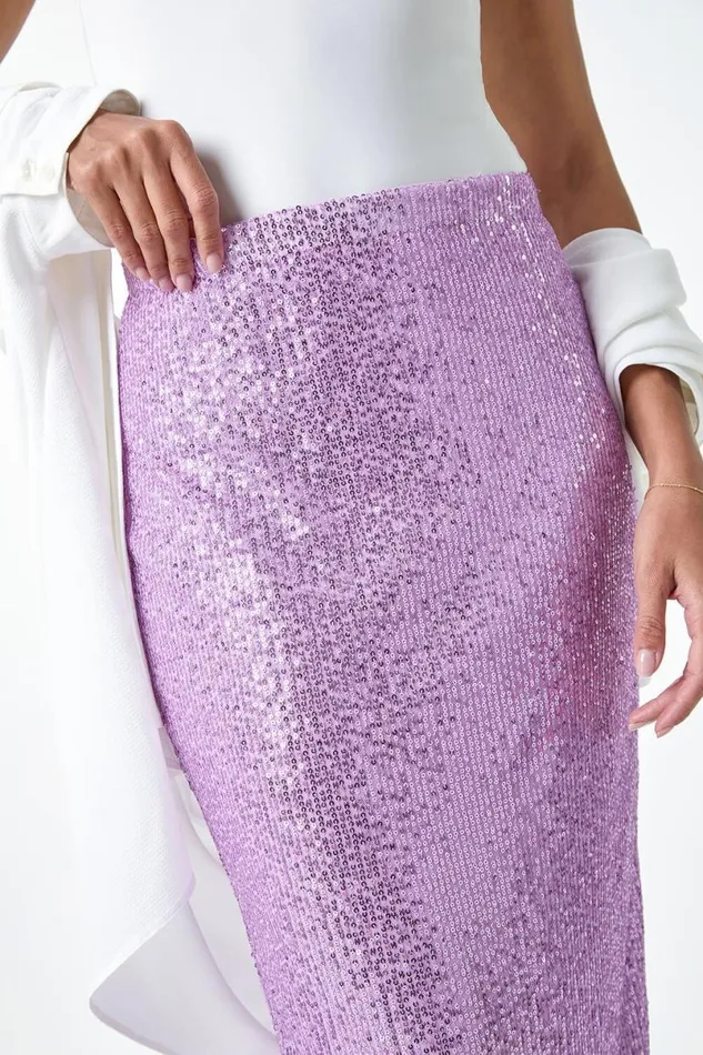 Lilac Sequin Sparkle Stretch Midi Skirt Women Roman Occasionwear
