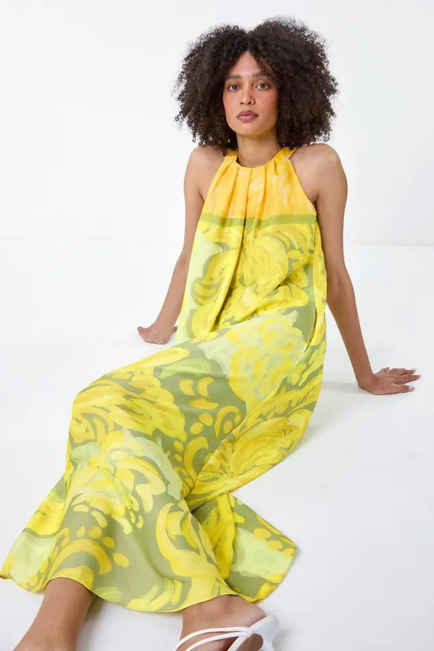Lime Abstract Print Pocket Trapeze Dress Women Roman Dresses