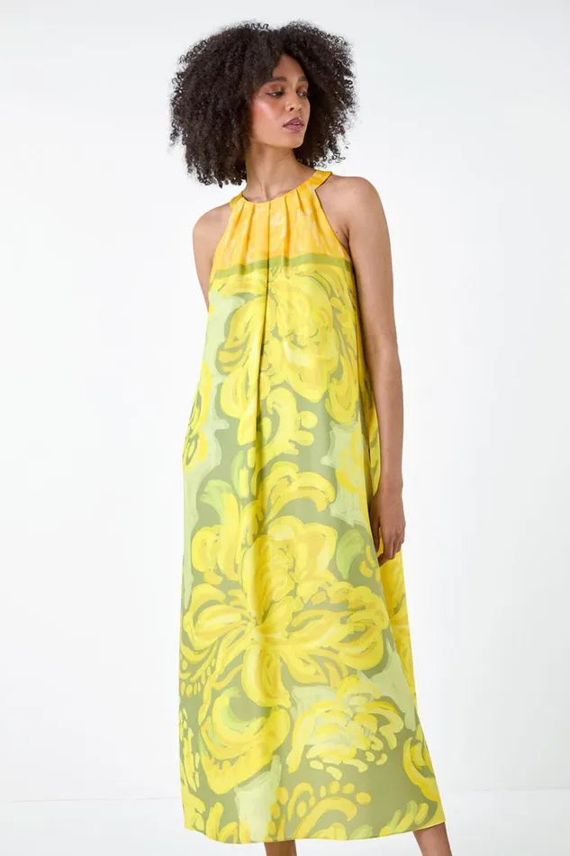Lime Abstract Print Pocket Trapeze Dress Women Roman Dresses