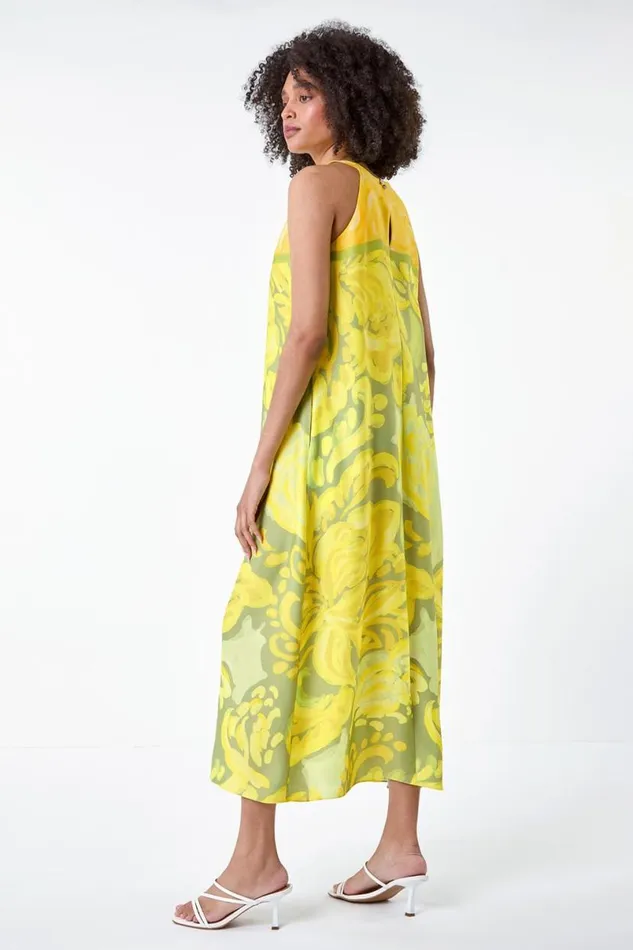 Lime Abstract Print Pocket Trapeze Dress Women Roman Dresses