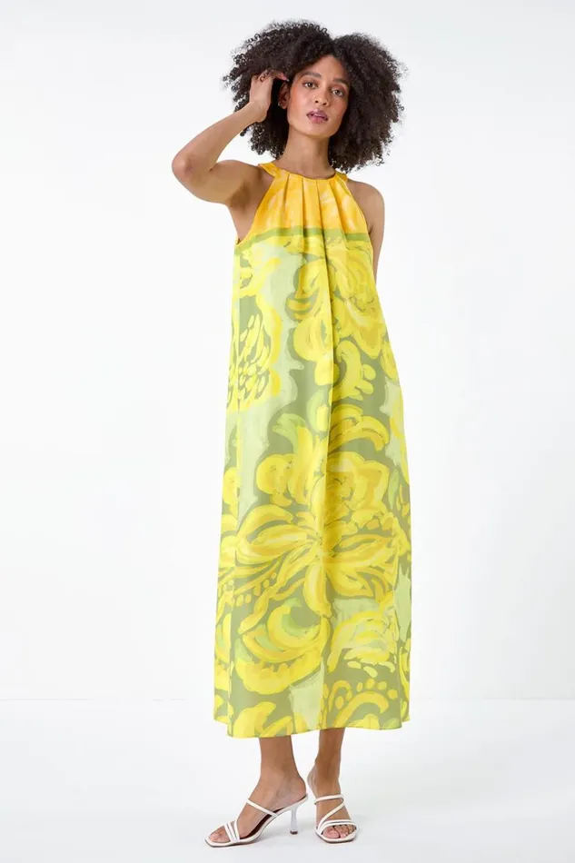 Lime Abstract Print Pocket Trapeze Dress Women Roman Dresses