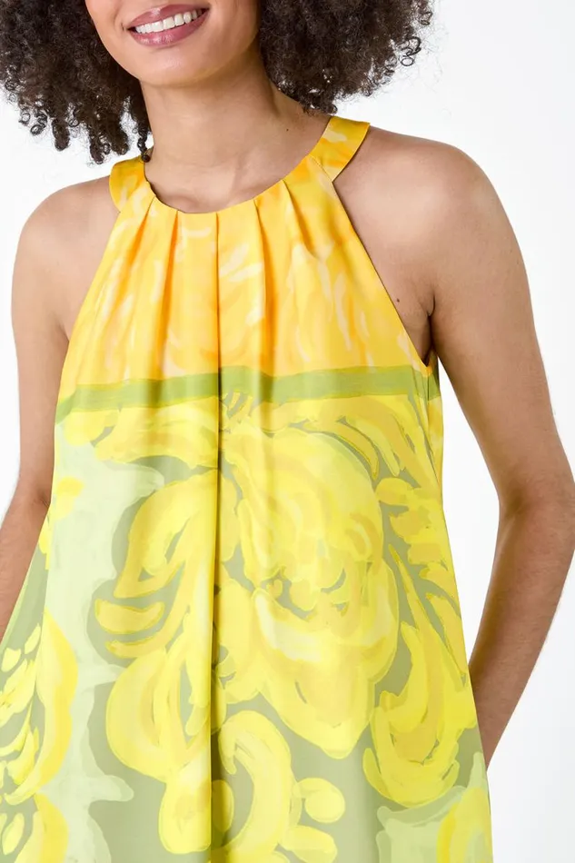 Lime Abstract Print Pocket Trapeze Dress Women Roman Dresses