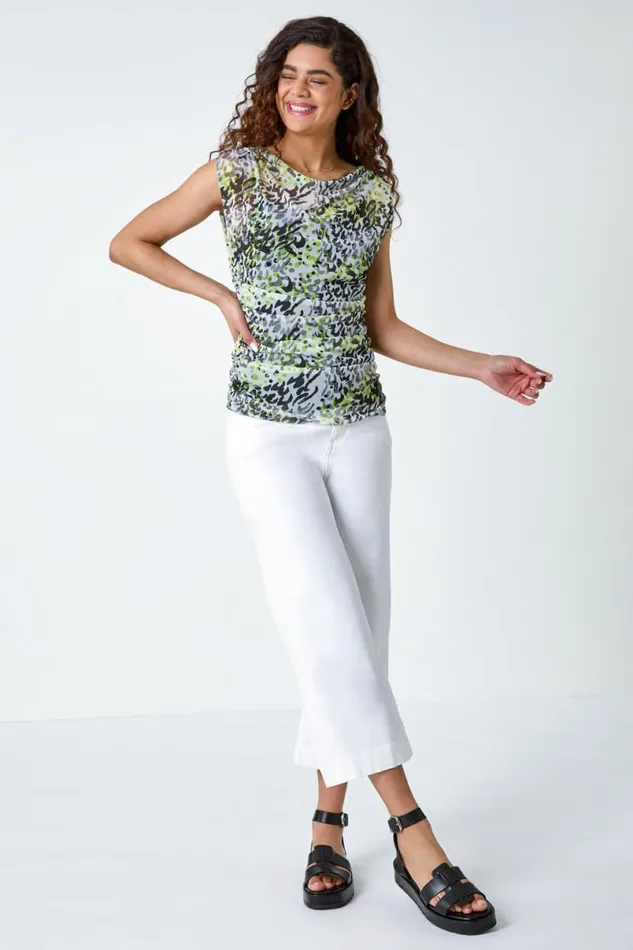 Lime Animal Print Mesh Ruched Stretch Top Women Roman Tops