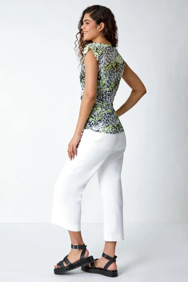Lime Animal Print Mesh Ruched Stretch Top Women Roman Tops