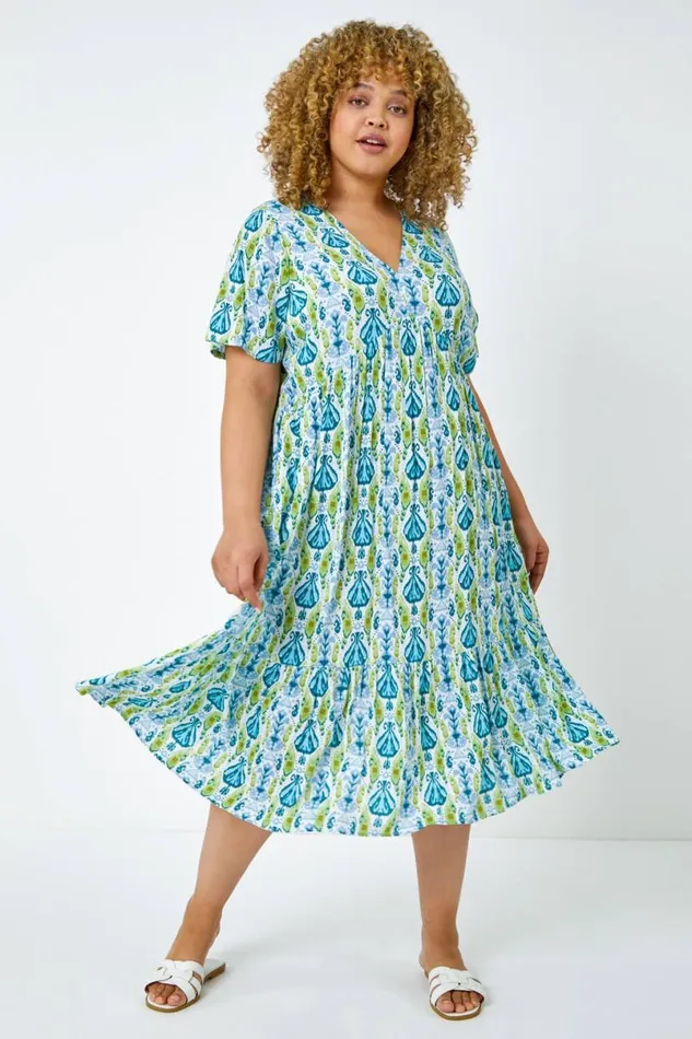 Lime Curve Abstract Tiered Midi Dress Women Roman Dresses