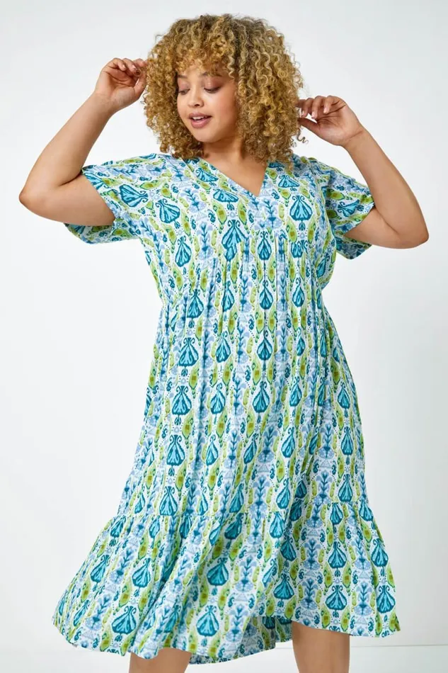 Lime Curve Abstract Tiered Midi Dress Women Roman Dresses