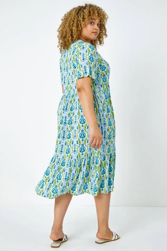 Lime Curve Abstract Tiered Midi Dress Women Roman Dresses