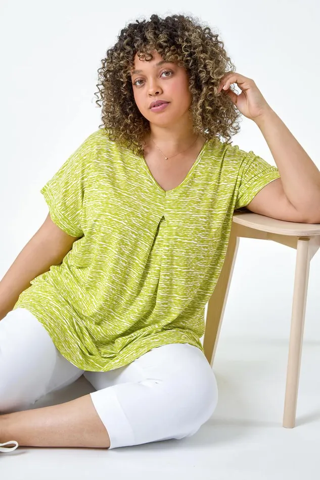 Lime Curve Pleat Front Printed Stretch Top Women Roman Tops