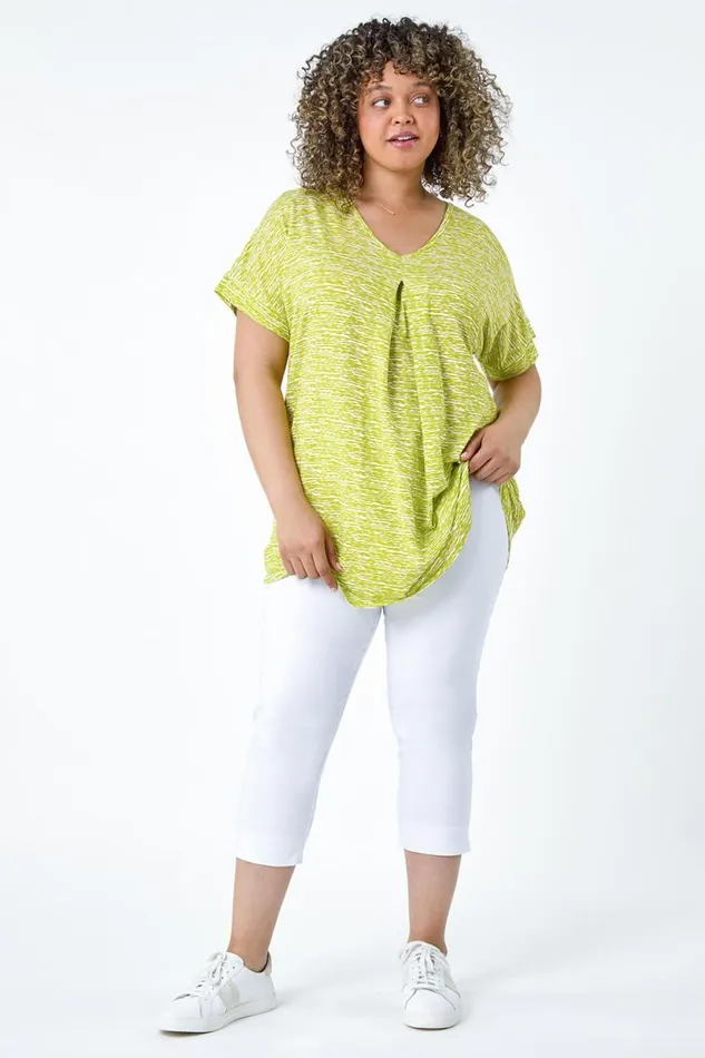 Lime Curve Pleat Front Printed Stretch Top Women Roman Tops