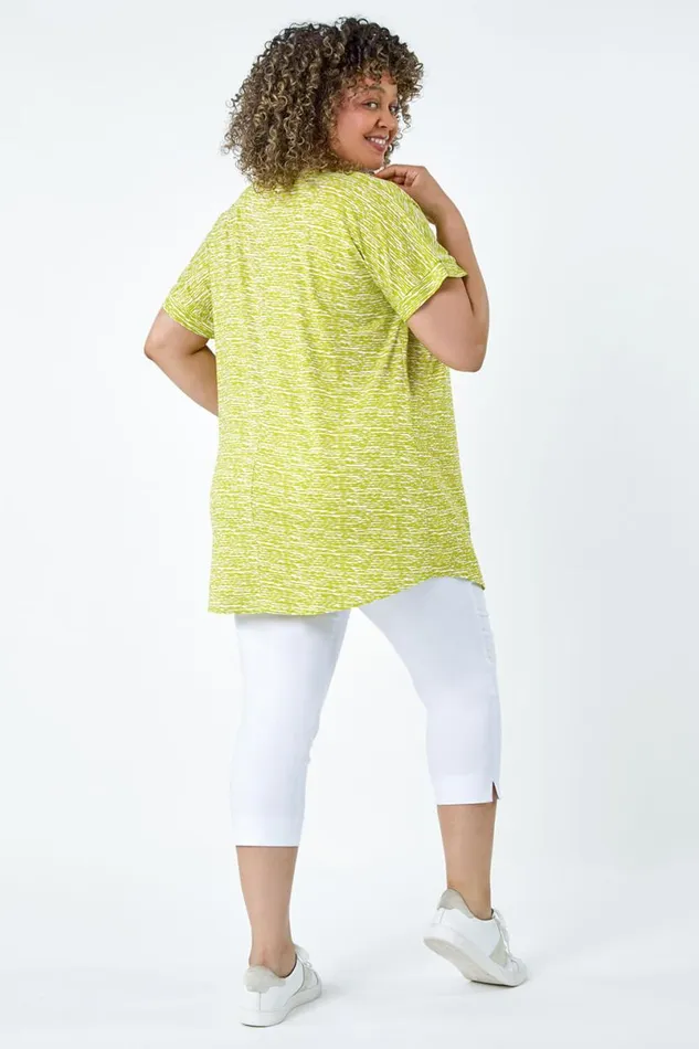Lime Curve Pleat Front Printed Stretch Top Women Roman Tops