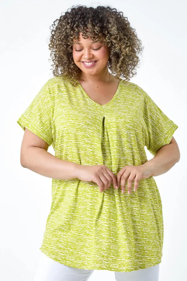 Lime Curve Pleat Front Printed Stretch Top Women Roman Tops