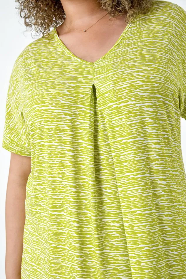Lime Curve Pleat Front Printed Stretch Top Women Roman Tops