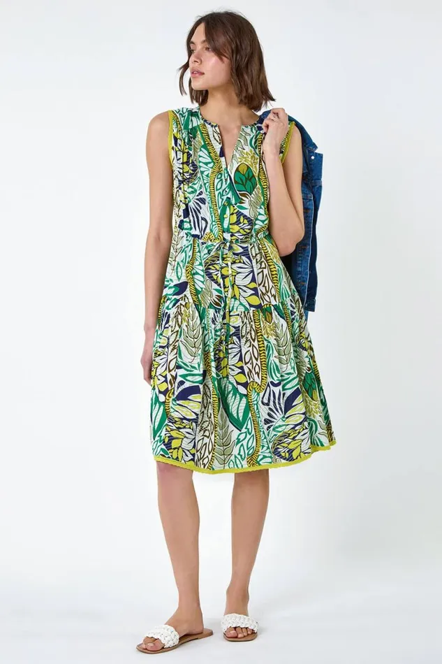 Lime Leaf Print Tiered Woven Dress Women Roman Dresses