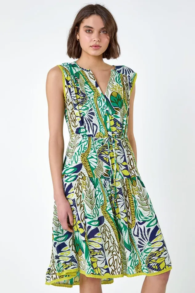 Lime Leaf Print Tiered Woven Dress Women Roman Dresses