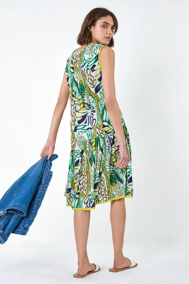 Lime Leaf Print Tiered Woven Dress Women Roman Dresses