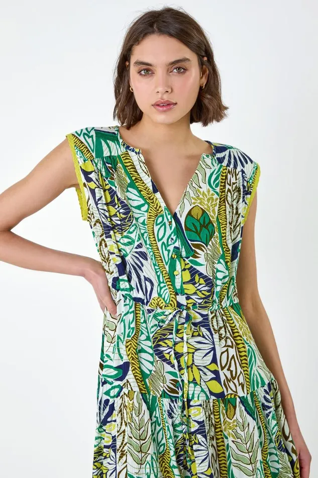 Lime Leaf Print Tiered Woven Dress Women Roman Dresses
