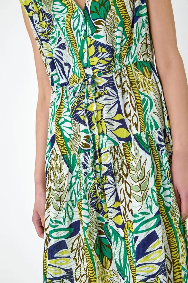 Lime Leaf Print Tiered Woven Dress Women Roman Dresses