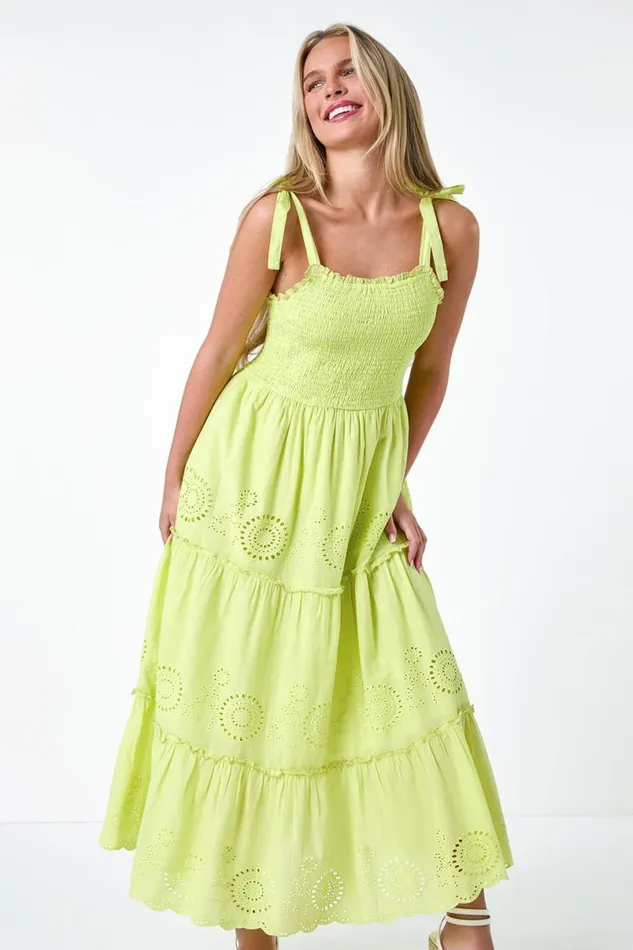 Lime Petite Cotton Broderie Tiered Maxi Dress Women Roman Dresses