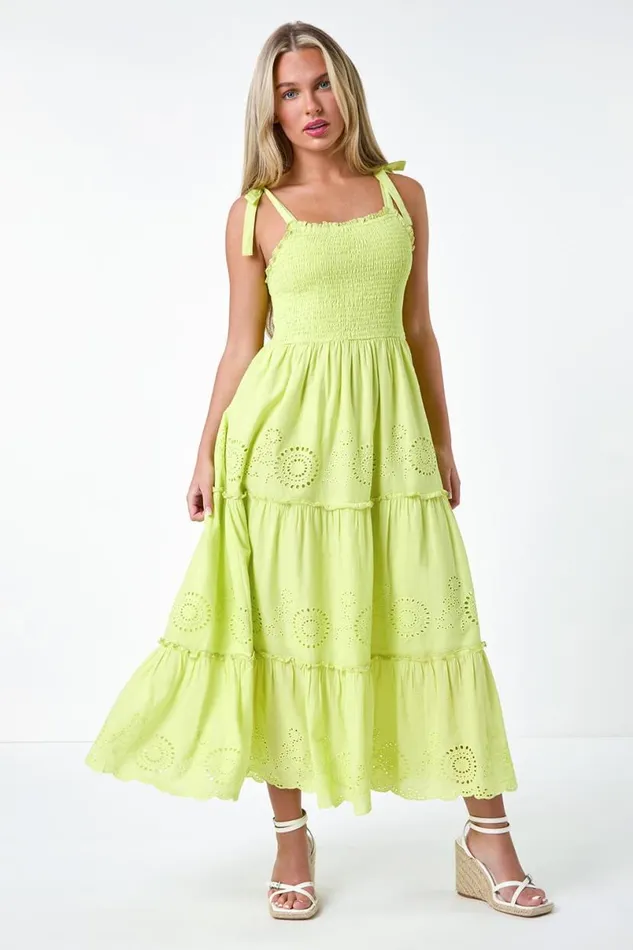 Lime Petite Cotton Broderie Tiered Maxi Dress Women Roman Dresses