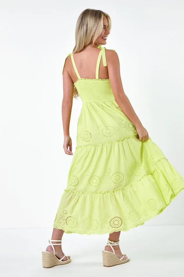 Lime Petite Cotton Broderie Tiered Maxi Dress Women Roman Dresses