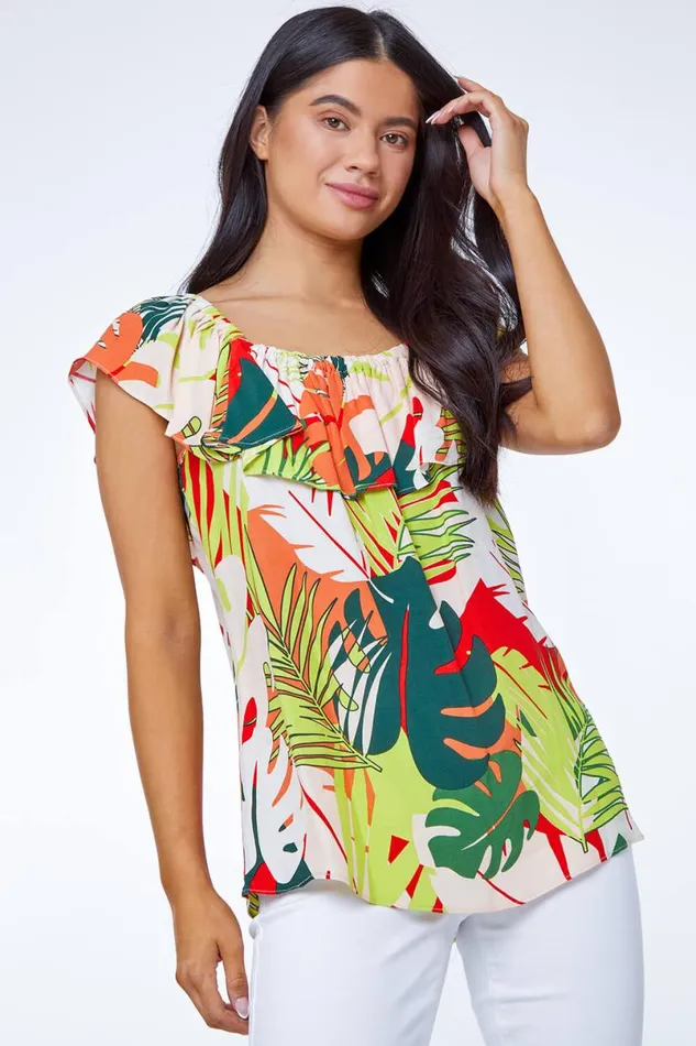 Lime Petite Tropical Print Bardot Top Women Roman Tops