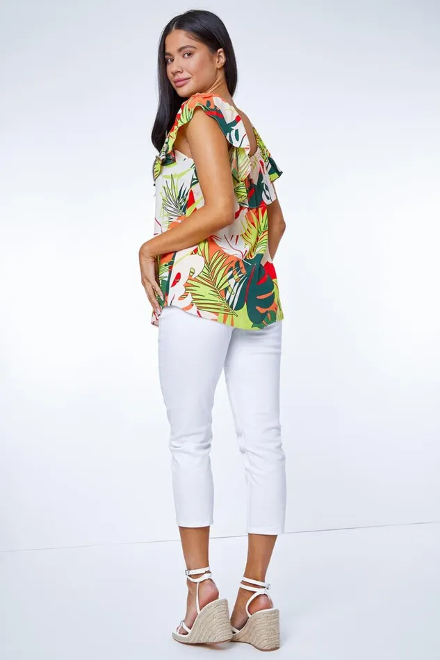 Lime Petite Tropical Print Bardot Top Women Roman Tops