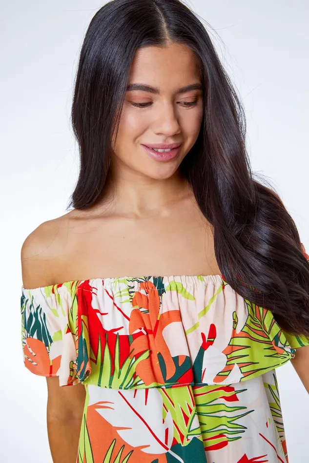 Lime Petite Tropical Print Bardot Top Women Roman Tops
