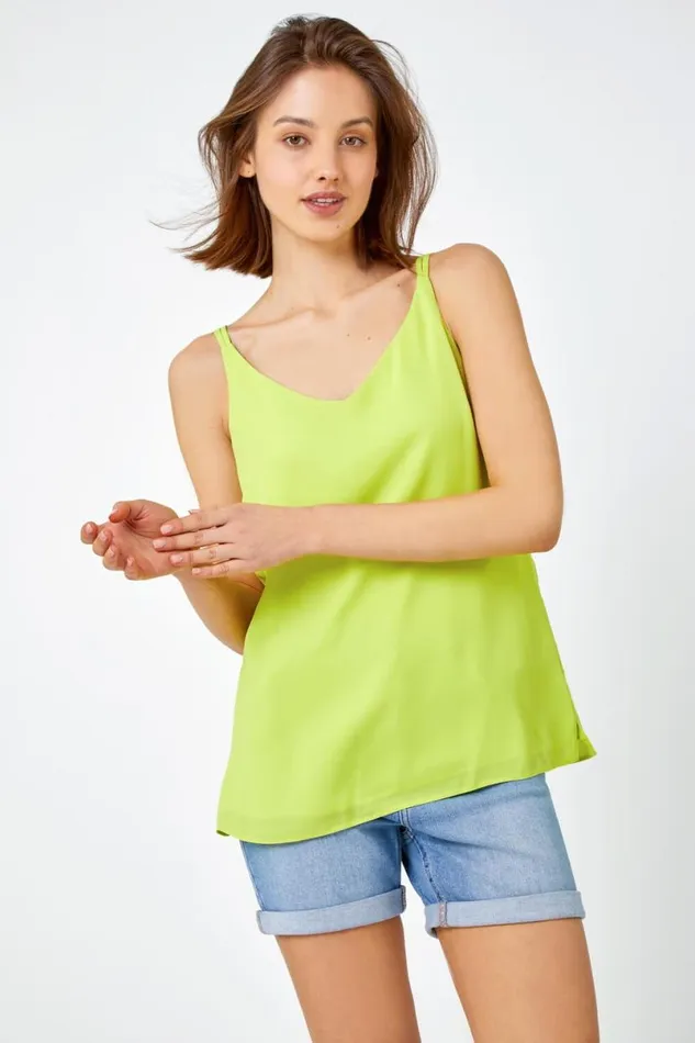 Lime Sleeveless Cross Back VNeck Chiffon Cami Women Roman Tops