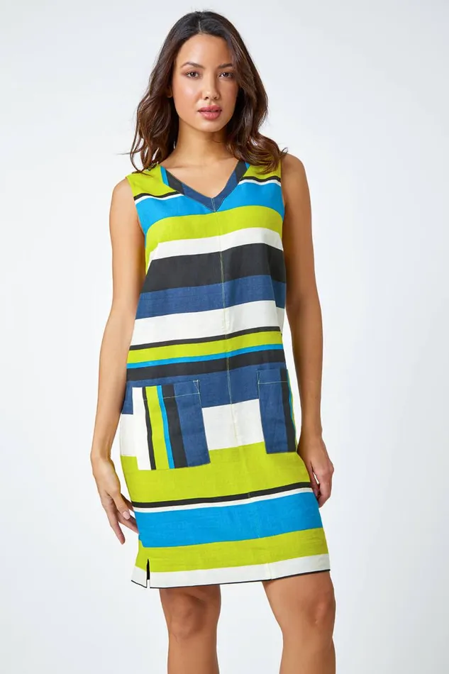 Lime Striped Cotton Blend Shift Dress Women Roman Dresses