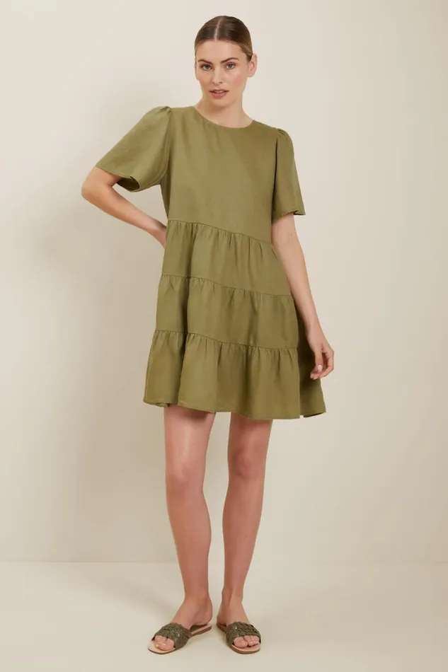 Linen Woman Seed Heritage Core Linen Tiered Dress Sage Green