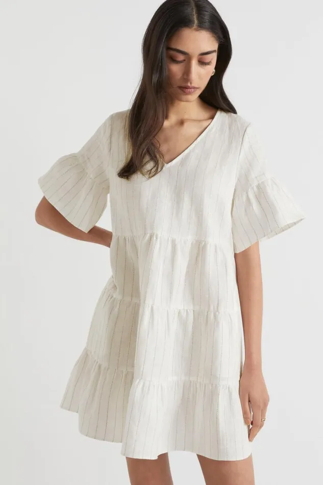 Linen Woman Seed Heritage Linen Stripe Mini Dress Auburn Pinstripe