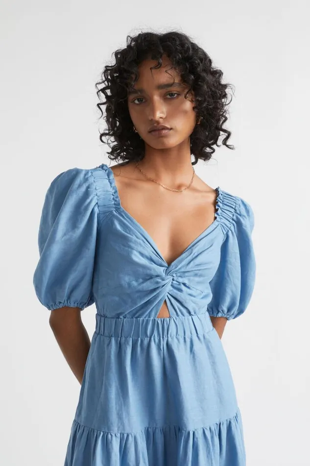 Linen Woman Seed Heritage Linen Twist Front Tiered Midi Dress Soft Cobalt