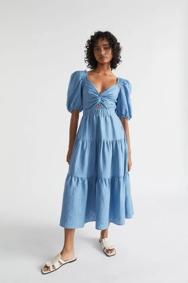Linen Woman Seed Heritage Linen Twist Front Tiered Midi Dress Soft Cobalt
