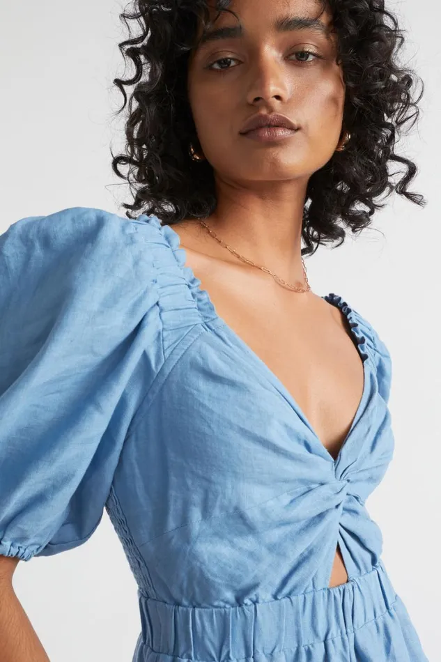 Linen Woman Seed Heritage Linen Twist Front Tiered Midi Dress Soft Cobalt
