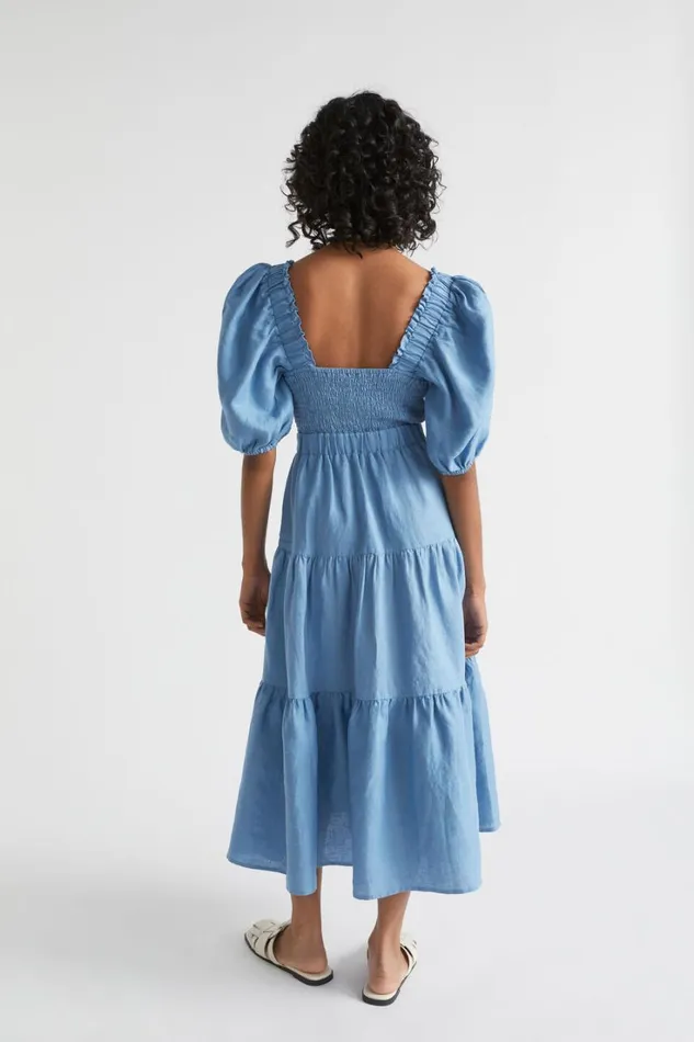 Linen Woman Seed Heritage Linen Twist Front Tiered Midi Dress Soft Cobalt