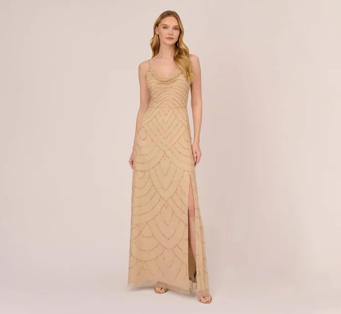 Long Dresses Womens Adrianna Papell Art Deco Beaded Mermaid Gown With Cowl Neckline In Champagne Gold Long Dresses Womens Adrianna Papell Art Deco Beaded Mermaid Gown With Cowl Neckline In Champagne Gold